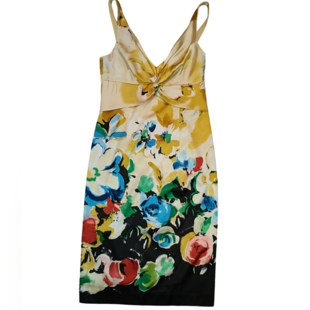 David Meister Dress Size 8 Blue Gold Silk Floral